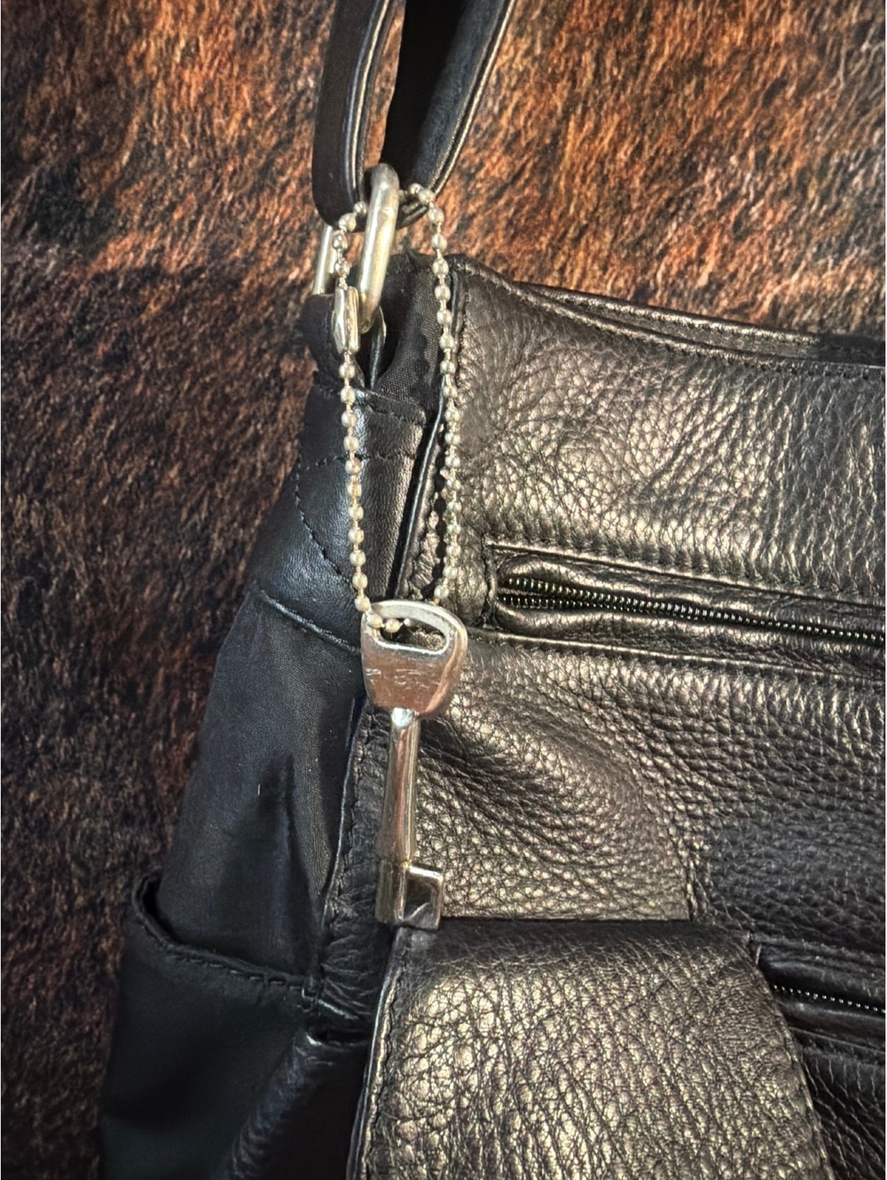 Fossill Black Leather Shoulder Bag with Key Charm